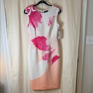 Tahari Midi Dress with Pink & Peach Abstract Accents